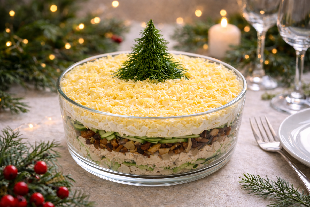 Очарование новогоднего салата: курица, грибы и сыр в идеальном союзе